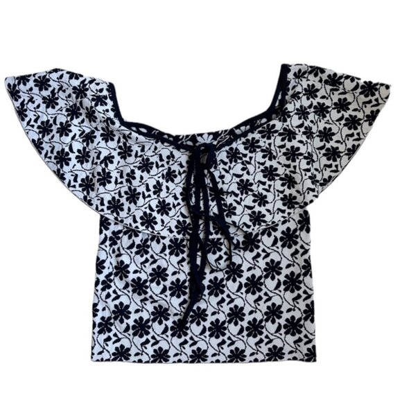 Club Monaco White & Navy Rowlen Blue Floral‎ Off Shoulder Knit Women's Top Small - Picture 4 of 14